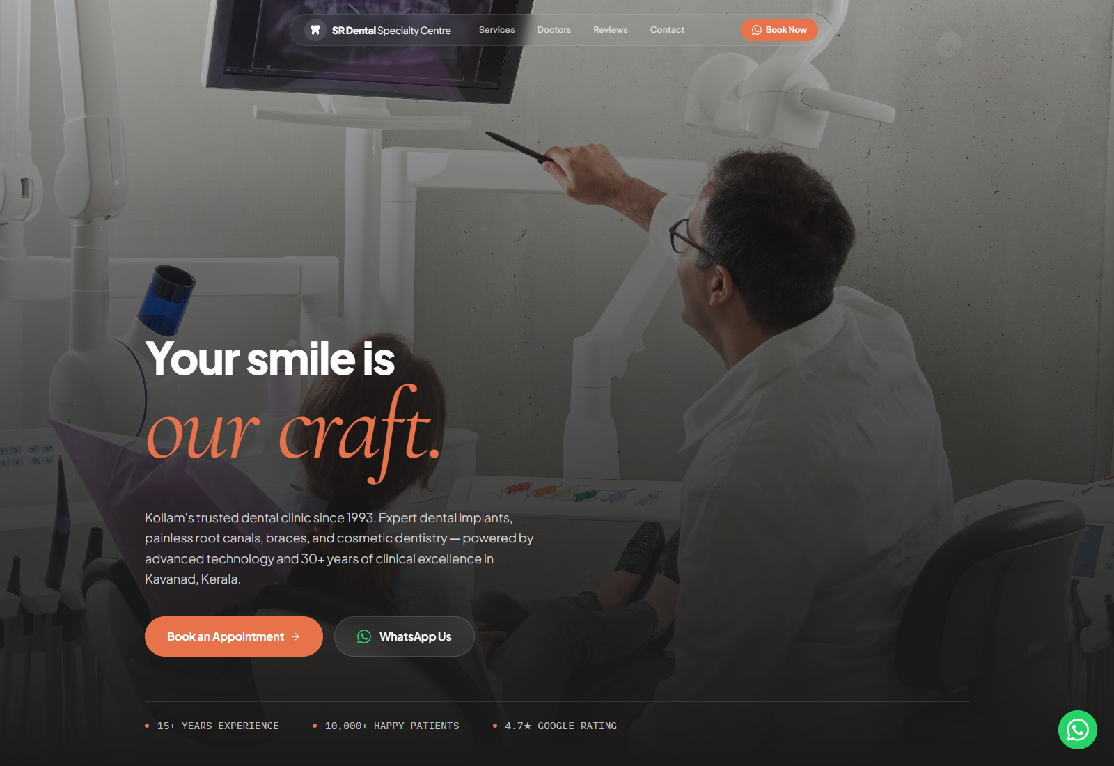 S R Dental homepage with hero, services, and WhatsApp CTA
